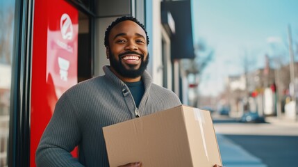 A person smiles while holding a cardboard box, standing in front of a delivery van. Friendly and professional delivery service atmosphere. Online shopping, ordering, delivery concept.
