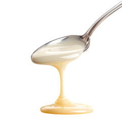 Creamy, smooth condensed milk flowing from a spoon, perfect for desserts and culinary creations