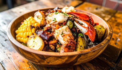Seafood boil in wooden bowl