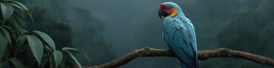 Fototapeta premium Vibrant blue parrot perched on branch in misty jungle setting