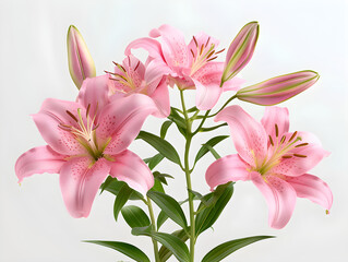 Fototapeta premium Clean macro photograph featuring Beautiful pink lilies floral arrangement bloom blossom petals spring isolated on transparent background, studio product photo on a clean white background, isolated, pi