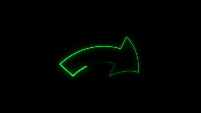 Neon  arrow pointing down and to the  on black background abstract digital graphic..