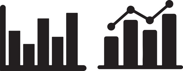 Two Black Bar Chart Icons with a Line Graph Overlay on White Background