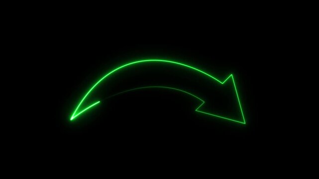 Neon  arrow pointing down and to the  on black background abstract digital graphic..
