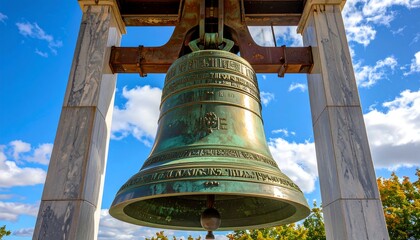 Obraz premium Large, ornate bronze bell hanging from a metal framework.