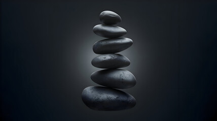 Obraz premium A stack of smooth black stones carefully balanced on top of each other against a dark background, symbolizing balance, calm, and meditation.
