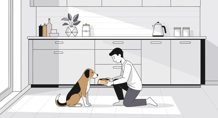 Man Feeding His Dog In A Modern Kitchen Sketch Illustration