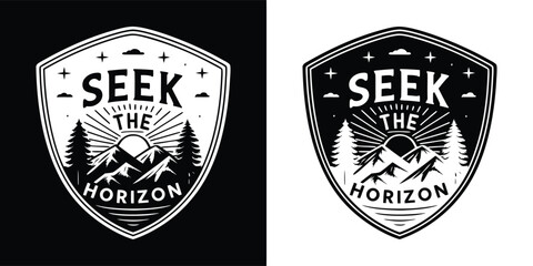 Obraz premium Vintage style emblem with a hiker silhouette, mountains, trees, and the sun, symbolizing adventure and exploration, with text seek the horizon