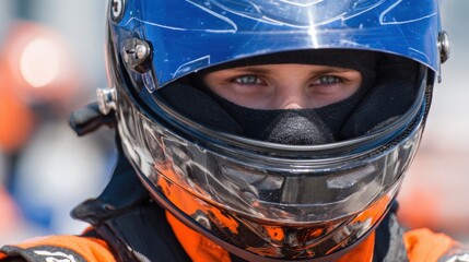 Young Kart Racer Prepares for Competition at the Track on a Sunny Day Wearing a Helmet and Racing Suit, Showcasing Determination and Focus