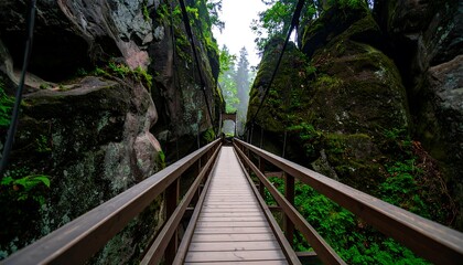 Obraz premium Misty mountain suspension bridge