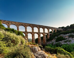 Obraz premium ancient stone aqueduct with multiple arches over rocky terrain and green foliage