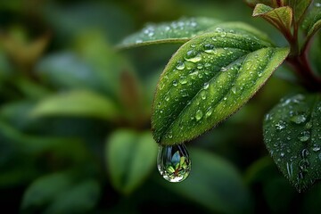 Glistening water droplet clinging to the tip of a vibrant green leaf mirrors the lush foliage around, creating a captivating scene of natural beauty after rain