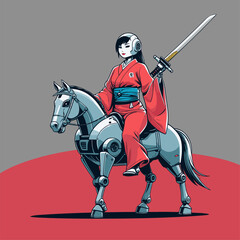 Naklejka premium vector female robot wearing kimono riding a robot horse
