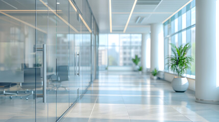 Obraz premium Premium studio shot showing Defocused Open Office Interior with Glass Partitions and Modern Design in a Bright Urban Environment, realistic detail, glass walled office background with tasteful blur, s