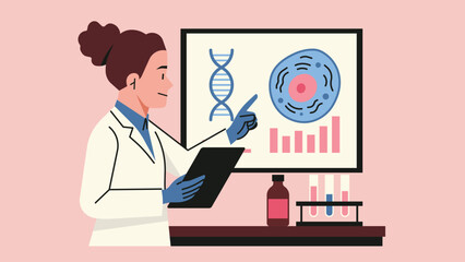 Female scientist presenting research results on smartboard with DNA strand, cell diagram, and data charts, representing genetics, biology, and medical research communication. Flat vector illustration