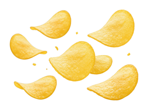 Crispy potato chips falling in mid-air kitchen setting food bright environment snack concept isolated on transparent background