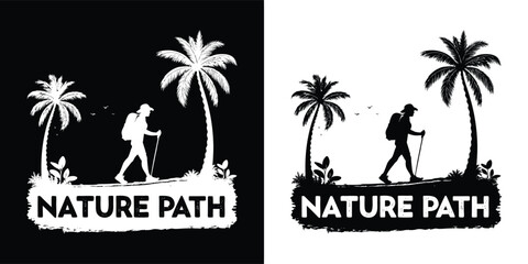 Nature path hiking scene with a person trekking through a tropical forest with palm trees, presented in a graphic silhouette style for outdoor adventure