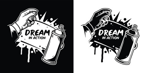 Obraz premium Dream in action graffiti art with spray paint can and hand, motivational concept for creativity and success