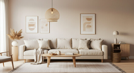 Stylish interior with design neutral modular sofa, mock up poster frames, Decoration and elegant personal accessories in modern home decor 01