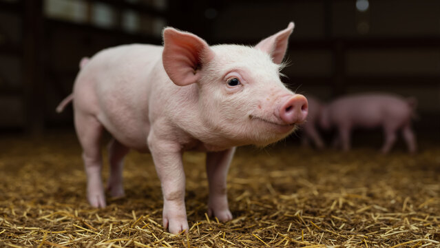 A cute young piglet standing on straw in a farm barn. Adorable pink baby pig in an indoor pen. Agriculture and livestock concept. - Powered by Adobe
