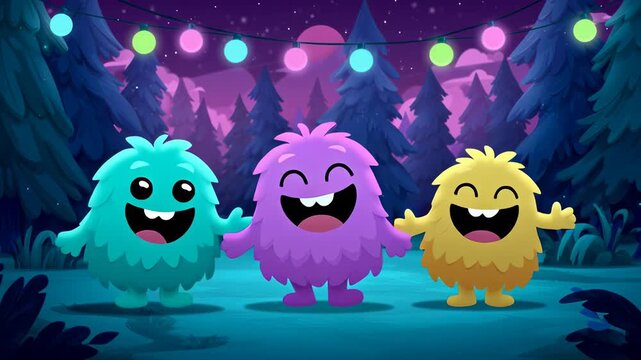 Joyful cartoon monsters dancing in the night forest