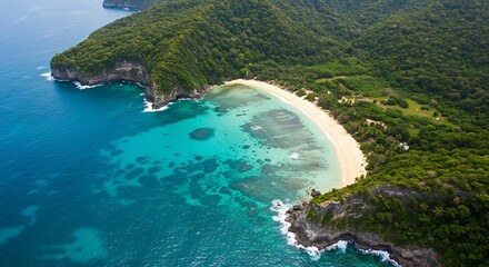 Aerial View of Tropical Beach Cove with Turquoise Water and Lush Greenery.