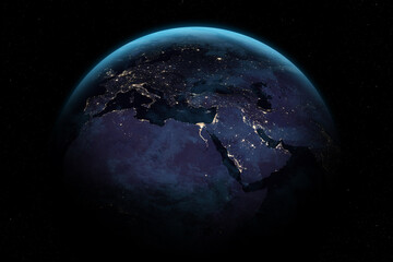 Planet Earth At Night. Africa, Europe, Asia at night viewed from space with city lights. Italy, Germany, Italy, France, Turkey, Egypt, Israel, Gaza, Saudi Arabia.