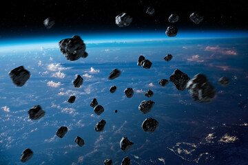 Earth and asteroids in the space. Amazing planet Earth with world ocean and clouds in outer space...