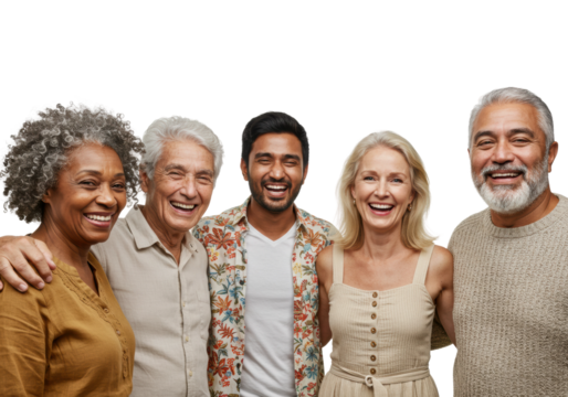 Joyful group of friends celebrating together indoor setting candid warm atmosphere portrait style isolated on transparent background