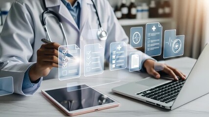 A doctor wearing a lab coat interacts with digital displays A laptop and tablet are displayed suggesting modern healthcare technology and data analysis - Powered by Adobe