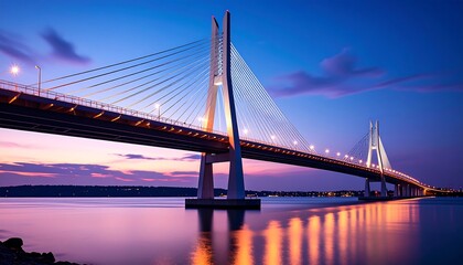 Fototapeta premium Modern cable-stayed bridge at sunset over calm water (1)