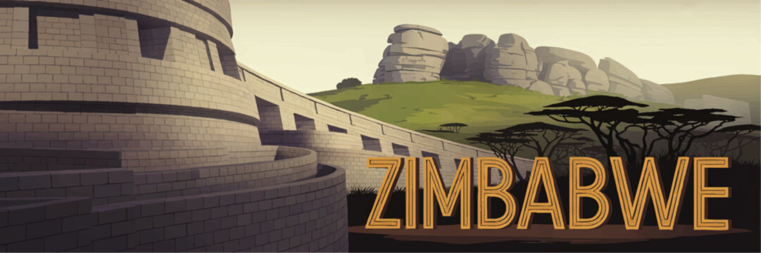 Great Zimbabwe Monument Illustration with Granite Ruins, African Savanna, and Balancing Rocks Landscape &ndash; Zimbabwe Travel Poster Art