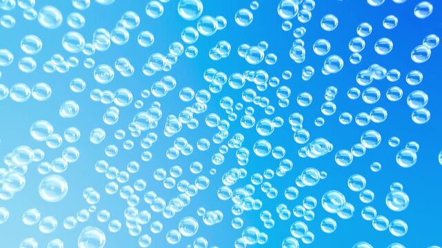 3D animation of transparent air bubbles rising underwater against a blue background. Realistic floating bubbles in motion, perfect for aquatic themes, freshness concepts, beverage advertising, or rela