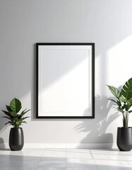 Minimalist White Wall Frame with Green Potted Plants in Modern Interior