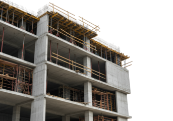 Construction project progress urban high-rise building concrete structure industrial environment isolated on transparent background
