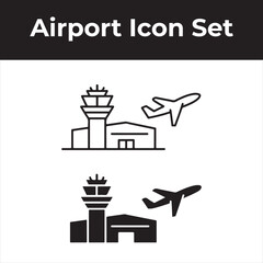 Airport icon set with control tower and airplane in outline and solid styles vector