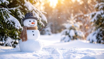 Obraz premium Snowman winter forest snowfall scene.