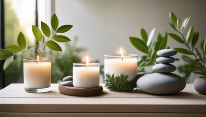 calming candle display with greenery and stones relaxation inspired minimalist lifestyle indoor serenity
