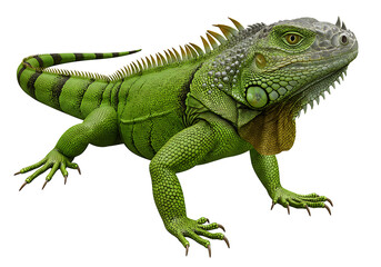Fototapeta premium A closeup of a vibrant green iguana, a tropical reptile with scaly skin, isolated on a white background