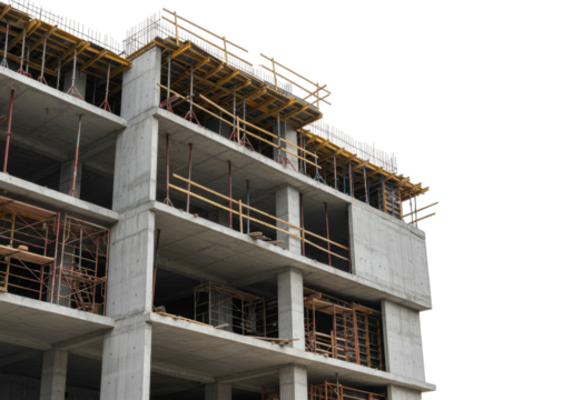 Construction project progress urban high-rise building concrete structure industrial environment isolated on transparent background