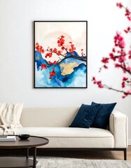 Elegant Watercolor Art Painting of Cherry Blossom Tree with Moon in Modern Living Room