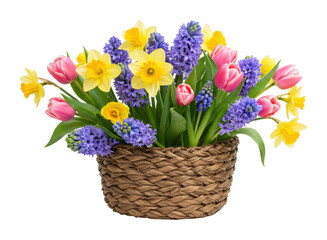 Spring floral arrangement with tulips and daffodils in a woven basket indoor setting vibrant colors isolated on transparent background