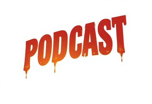 Podcast texto com letras vermelhas.