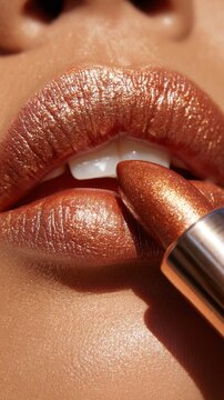 Shimmery bronze lipstick applied on full lips