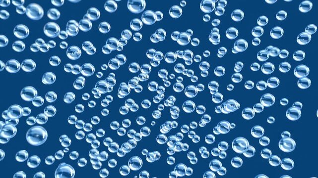3D animation of transparent air bubbles rising underwater against a blue background. Realistic floating bubbles in motion, perfect for aquatic themes, freshness concepts, beverage advertising, or rela