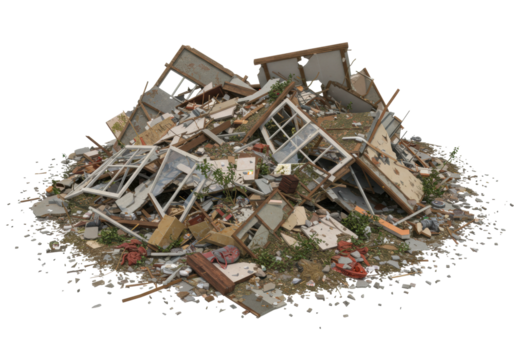 Debris pile after construction site demolition urban area 3d render isolated waste management concept isolated on transparent background