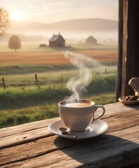 Farmhouse sunrise serenity with rustic wooden table and coffee cup
