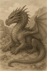 Obraz premium Majestic dragon on rocky landscape with detailed scales and wings