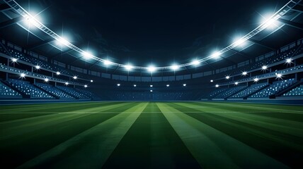 Illuminated football stadium at night with a perfectly manicured green field and bright stadium lights creating a dramatic atmosphere for a sporting event