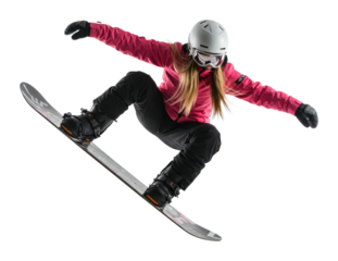 Snowboarding action by a female athlete indoor studio sports dynamic pose focus on skill isolated on transparent background